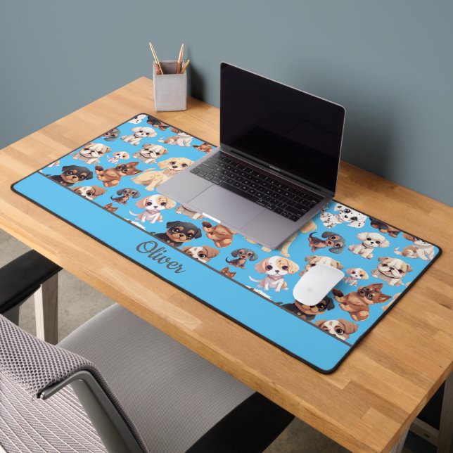 Cute Puppy Dog Blue Desk Mat (Office 2)