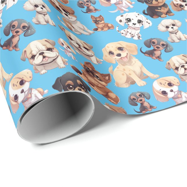 Cute Puppy Dog Blue Wrapping Paper (Roll Corner)