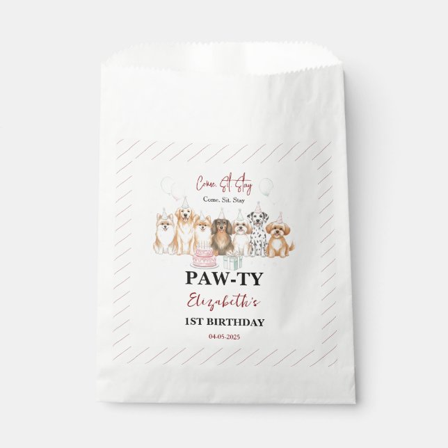 Cute Puppy Dog Boy 1st Birthday | Pawty Time First Favour Bag (Front)