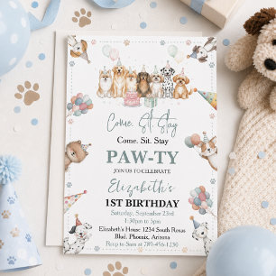 Cute Puppy Dog Boy 1st Birthday Pawty Time First Invitation