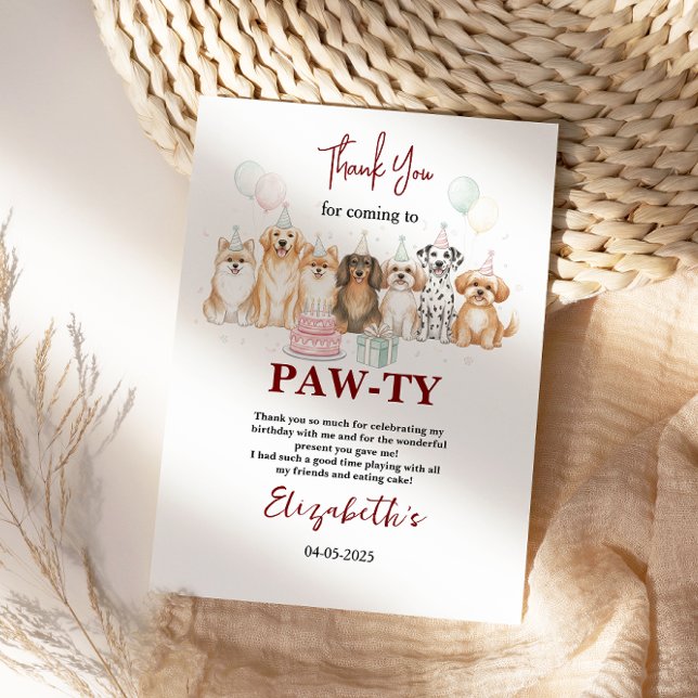 Cute Puppy Dog Boy 1st Birthday | Pawty Time First Thank You Card (Cute Puppy Dog Boy 1st Birthday | Pawty Time First Thank You Card
)