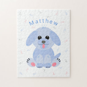 Cute Puppy Dog Cartoon Blue Personalised Jigsaw Puzzle