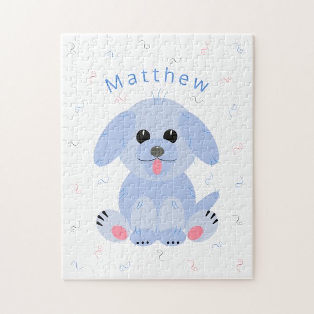 Cute Puppy Dog Cartoon Blue Personalised Jigsaw Puzzle (Vertical)