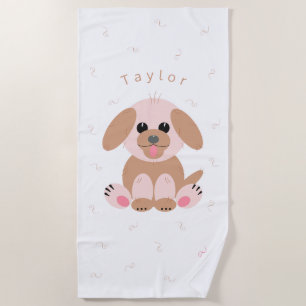 Cute Puppy Dog Cartoon Personalised Neutral Pastel Beach Towel