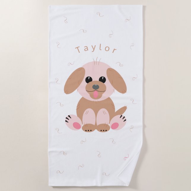 Cute Puppy Dog Cartoon Personalised Neutral Pastel Beach Towel (Front)
