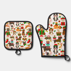 Cute Puppy Dog Christmas Oven Mitt & Pot Holder Set
