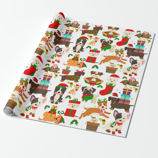 Cute Puppy Dog Christmas Wrapping Paper (Unrolled)