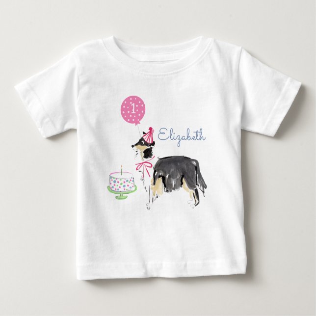 Cute Puppy Dog Collie 1st Birthday Cake Baby T-Shirt (Front)