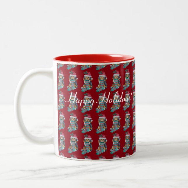 cute puppy dog dressed for christmas Two-Tone coffee mug (Left)