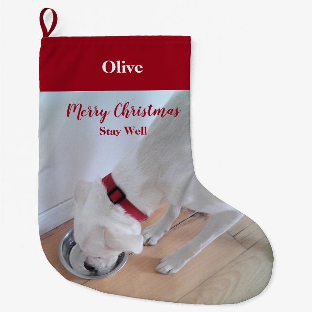 Cute Puppy Dog Drinking Water Red Christmas Large  Large Christmas Stocking (Front)