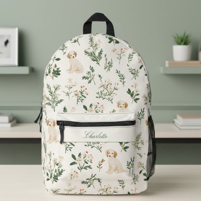 Cute Puppy Dog Floral Printed Backpack (cute sweet golden retriever puppy botanical floral backpack custom name monogram for back to school)