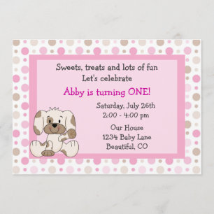 Cute Puppy Dog Girls 1st Birthday Pink Invite