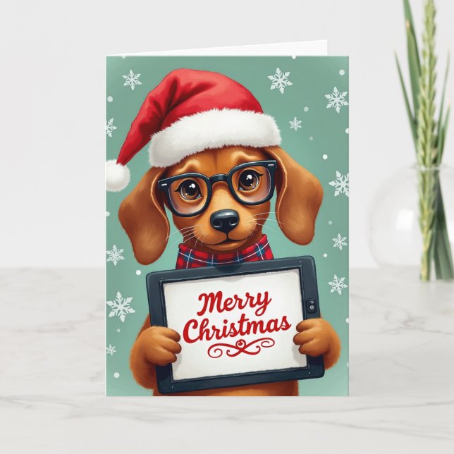 Cute Puppy Dog Glasses Merry Christmas Tablet Card (Front)