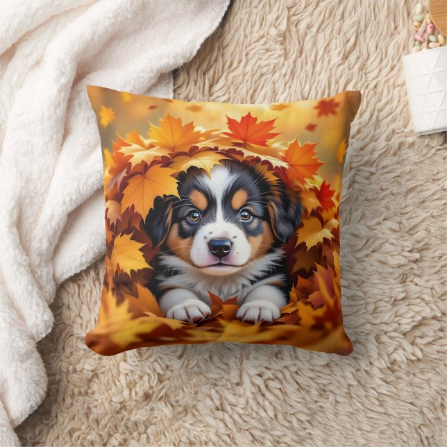 Cute Puppy Dog in Fall Leaves Cushion (Blanket)
