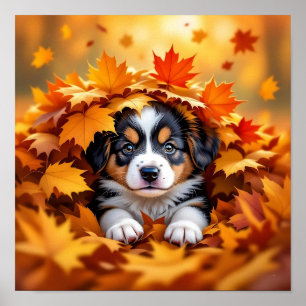 Cute Puppy Dog in Fall Leaves Poster