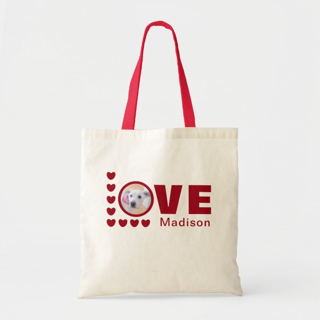Cute Puppy Dog Love Hearts Valentines Day Red Tote Bag (Front)