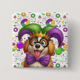 Cute puppy dog Mardi Gras in jester hat 15 Cm Square Badge
