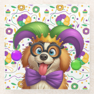 Cute puppy dog Mardi Gras in jester hat Glass Coaster
