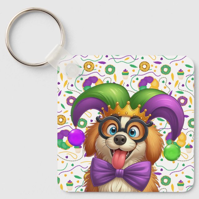 Cute puppy dog Mardi Gras in jester hat Key Ring (Front)