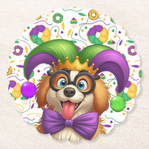 Cute puppy dog Mardi Gras in jester hat Paper Coaster