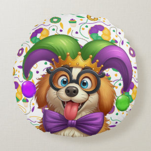 Cute puppy dog Mardi Gras in jester hat Round Cushion
