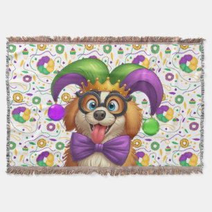Cute puppy dog Mardi Gras in jester hat Throw Blanket