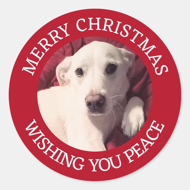 Cute Puppy Dog Merry Christmas Peace Red Classic Round Sticker (Front)