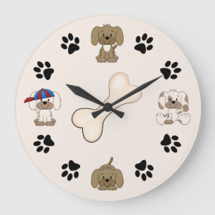 Cute Puppy Dog, Paw Prints and Bone Boys Large Clock