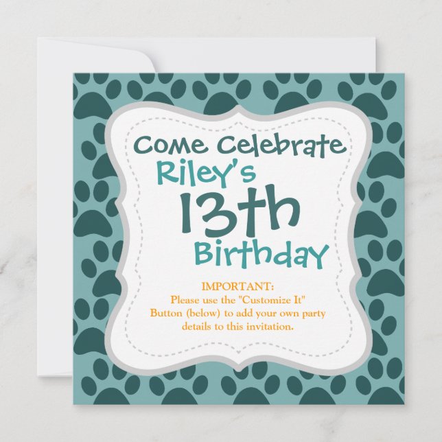 Cute Puppy Dog Paw Prints Blue Grey Dog Lovers Invitation (Front)
