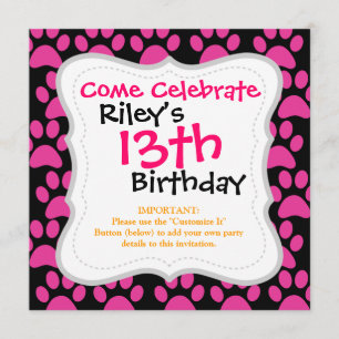 Cute Puppy Dog Paw Prints Hot Pink Black Invitation