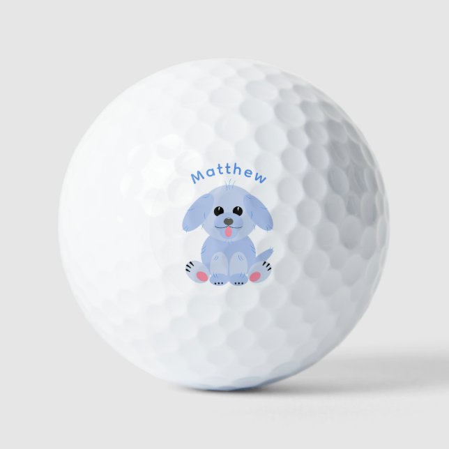 Cute Puppy Dog Personalised Cartoon Blue Pastel Golf Balls (Front)