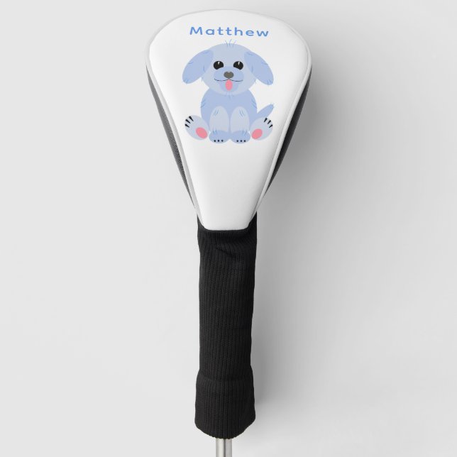 Cute Puppy Dog Personalised Cartoon Pastel Blue Golf Head Cover (Front)