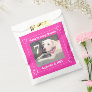 Cute Puppy Dog Photo Birthday 7 Hearts Hot Pink Favour Bag