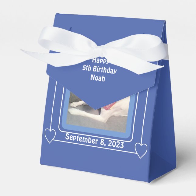 Cute Puppy Dog Photo Birthday Number 5 Blue Favour Box (Front Side)