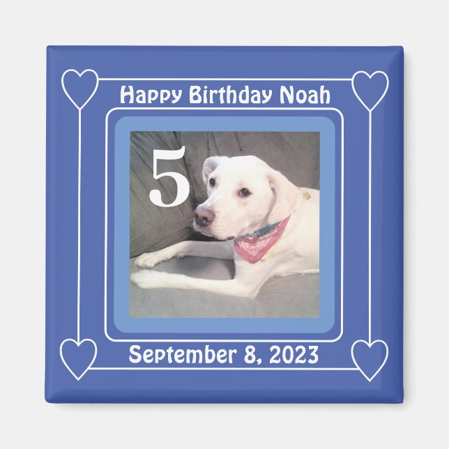 Cute Puppy Dog Photo Birthday Number 5 Blue Magnet (Front)