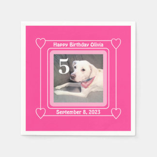 Cute Puppy Dog Photo Birthday Number 5 Pink Napkin