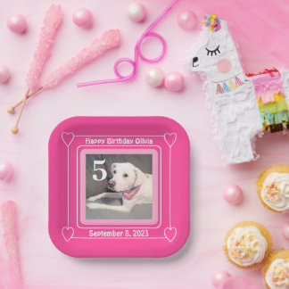 Cute Puppy Dog Photo Birthday Number 5 Pink Square Paper Plate