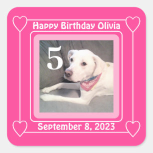 Cute Puppy Dog Photo Birthday Number 5 Pink Square Sticker
