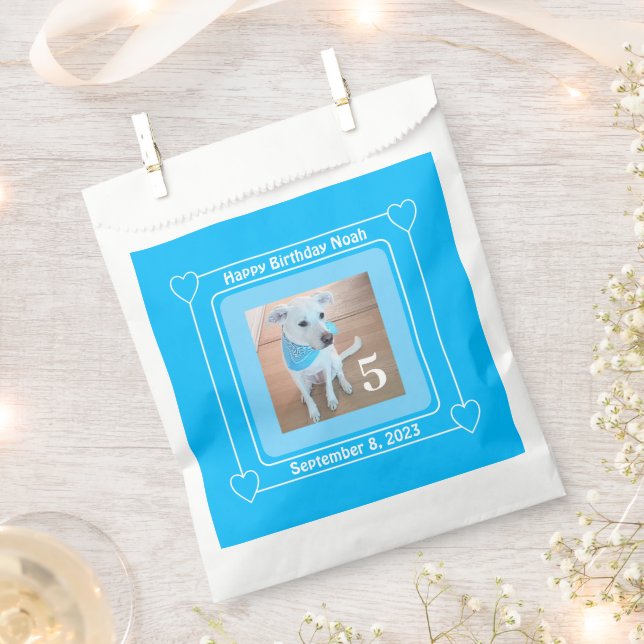 Cute Puppy Dog Photo Happy Birthday Number 5 Blue Favour Bag (Clipped)