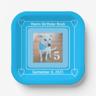 Cute Puppy Dog Photo Happy Birthday Number 5 Blue Paper Plate