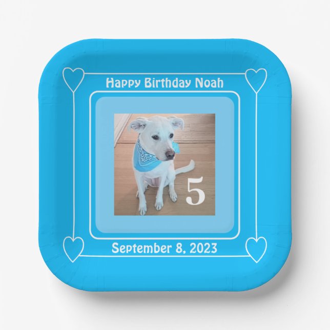 Cute Puppy Dog Photo Happy Birthday Number 5 Blue Paper Plate (Front)