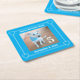 Cute Puppy Dog Photo Happy Birthday Number 5 Blue Square Paper Coaster