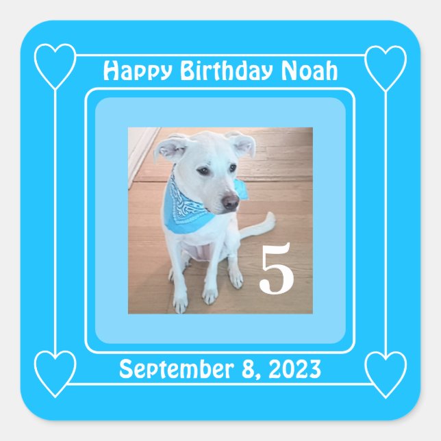 Cute Puppy Dog Photo Happy Birthday Number 5 Blue Square Sticker (Front)