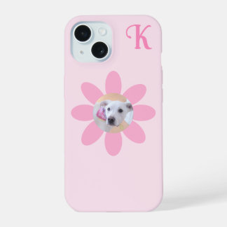 Cute Puppy Dog Photo Pink Flower Girl's Initial iPhone 15 Case