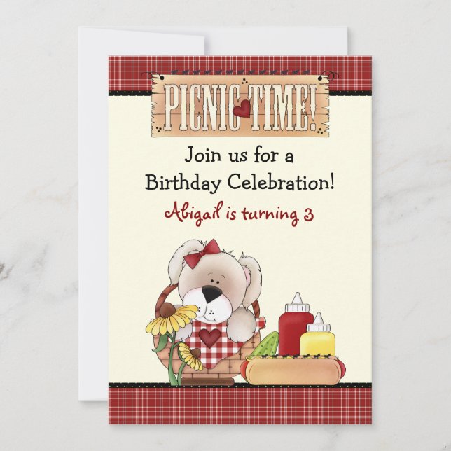 Cute Puppy Dog Picnic Birthday Invitation ~ Girls (Front)