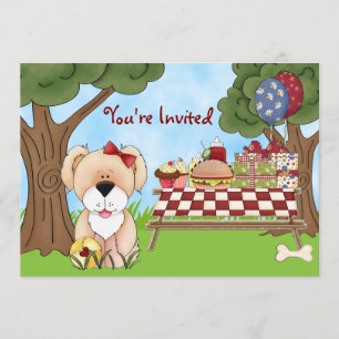 Cute Puppy Dog Picnic Birthday Invitation ~ Girls