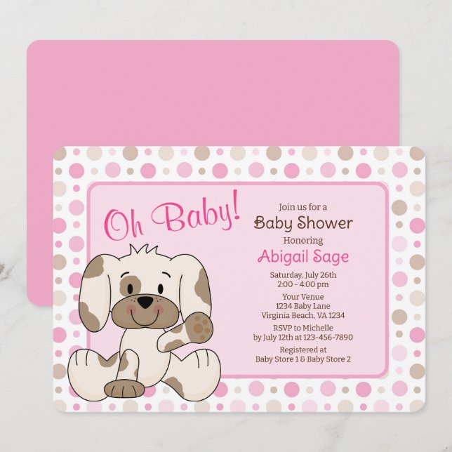 Cute Puppy Dog Pink Polka Dot Baby Shower Invitation (Front/Back)