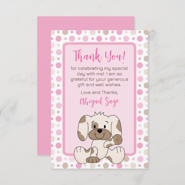 Cute Puppy Dog Pink Polka Dot Baby Shower Thank You Card (Front/Back)