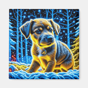 Cute Puppy Dog Playing in Snow Christmas Magnet