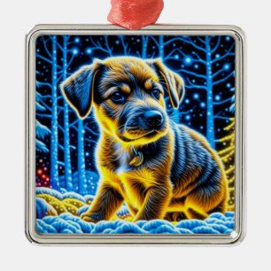 Cute Puppy Dog Playing in Snow Christmas Metal Ornament